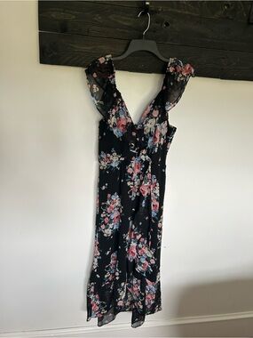 Black Midi Dress with Pink and Cream Floral Print